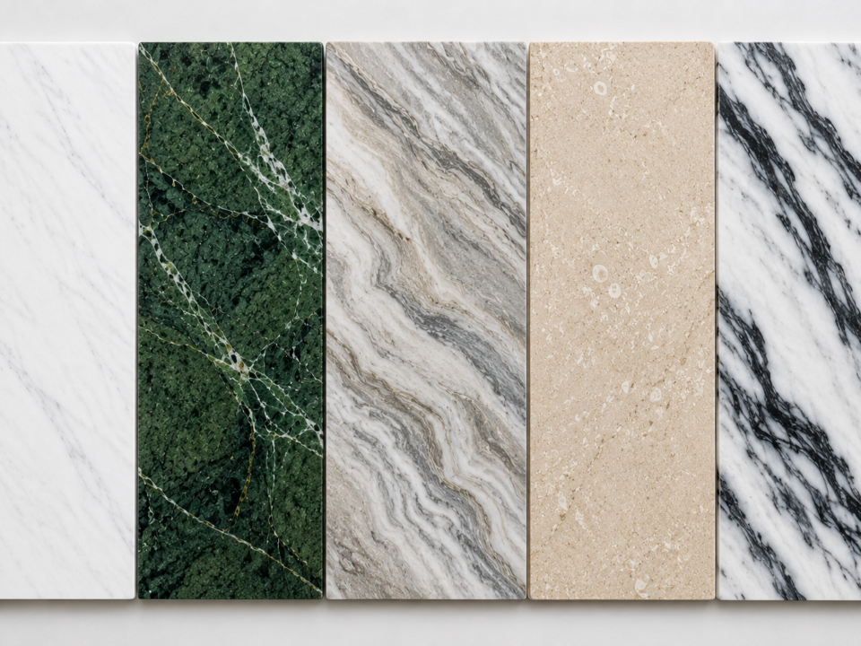 Types of Indian marble varieties — Makrana White, Rainforest Green, Fantasy Brown and Katni Beige marble from Nirvan Exports, Udaipur, Rajasthan