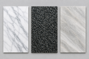 Side-by-side comparison of Indian marble, granite and quartzite slabs from Nirvan Exports