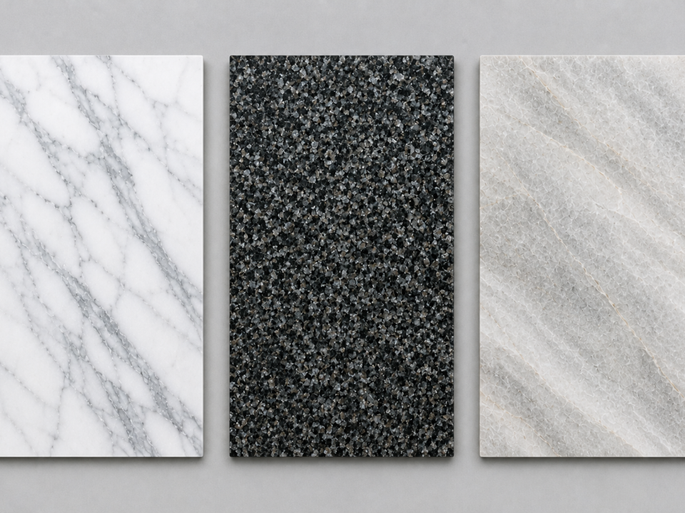 Side-by-side comparison of Indian marble, granite and quartzite slabs from Nirvan Exports
