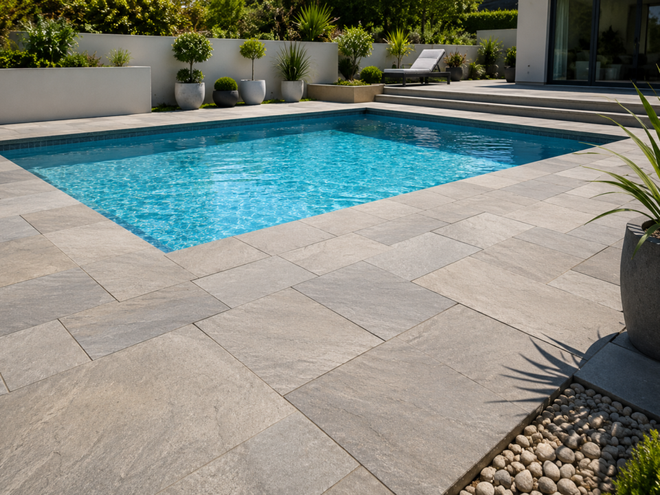 Indian sandstone paving slabs installed around a pool surround