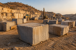 Wide documentary photo of an open natural stone quarry in Rajasthan, India, showing large rectangular extracted stone blocks resting on dusty earth-toned terrain. Heavy quarrying machinery and cut blocks are visible in the mid-ground, with rocky hills in the background. Golden-hour sunlight, realistic industrial landscape photography, warm tones.