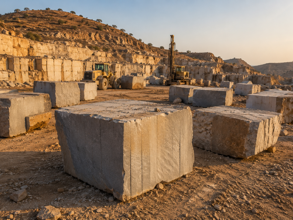 Wide documentary photo of an open natural stone quarry in Rajasthan, India, showing large rectangular extracted stone blocks resting on dusty earth-toned terrain. Heavy quarrying machinery and cut blocks are visible in the mid-ground, with rocky hills in the background. Golden-hour sunlight, realistic industrial landscape photography, warm tones.