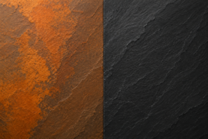 Copper Slate vs Black Slate — warm copper-orange and deep charcoal black natural Indian slate from Nirvan Exports, Rajasthan, side-by-side comparison