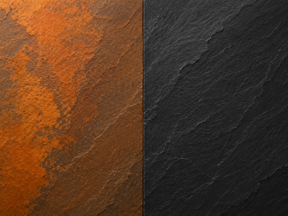 Copper Slate vs Black Slate — warm copper-orange and deep charcoal black natural Indian slate from Nirvan Exports, Rajasthan, side-by-side comparison