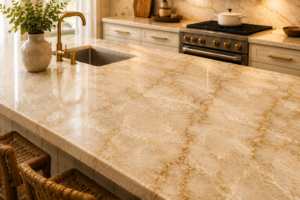 Ivory White Indian quartzite kitchen countertop — premium quartzite from Nirvan Exports, Udaipur, luxury marble alternative for kitchens and bathrooms