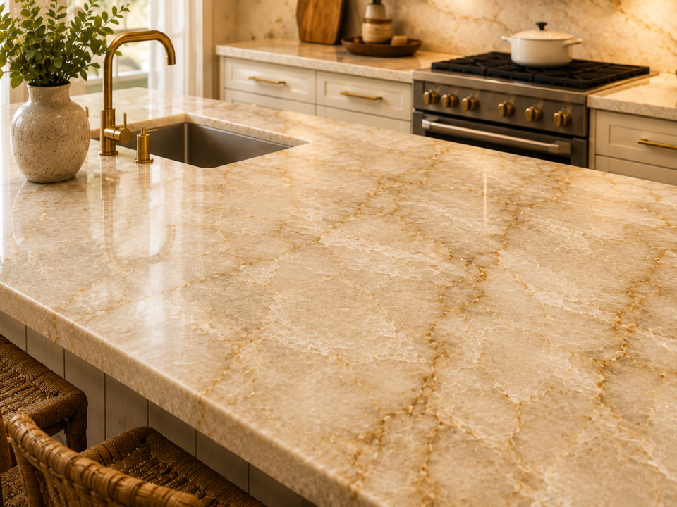 Ivory White Indian quartzite kitchen countertop — premium quartzite from Nirvan Exports, Udaipur, luxury marble alternative for kitchens and bathrooms