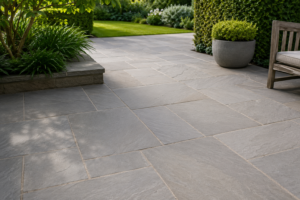 Kandla Grey Indian sandstone garden paving — calibrated 22mm sandstone from Nirvan Exports, Rajasthan, for UK and European landscape buyers