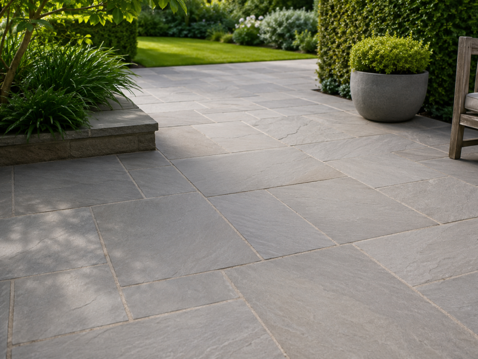 Kandla Grey Indian sandstone garden paving — calibrated 22mm sandstone from Nirvan Exports, Rajasthan, for UK and European landscape buyers