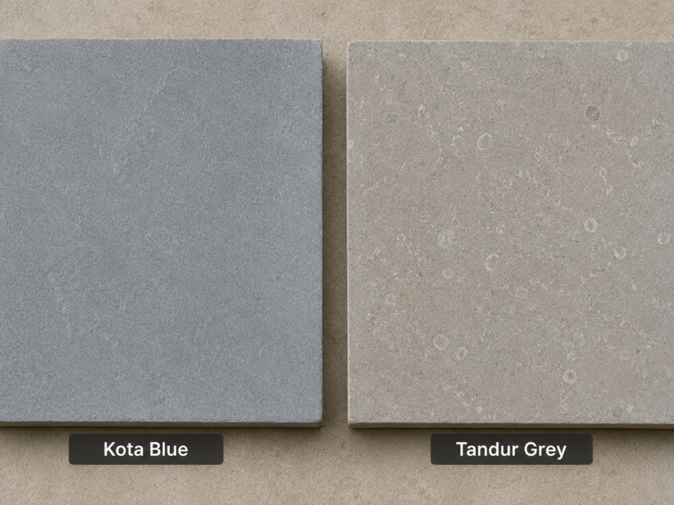 Kota Stone vs Tandur Stone — Kota Blue and Tandur Grey Indian limestone tiles compared, Nirvan Exports, Indian limestone exporter, Udaipur