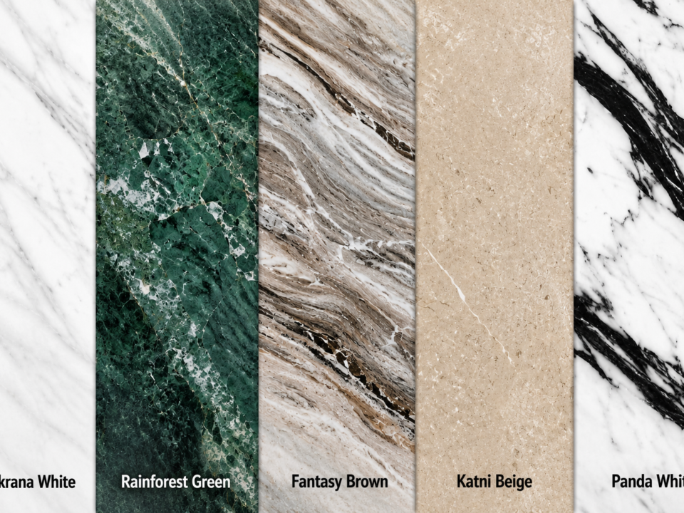 Types of Indian marble varieties — Makrana White, Rainforest Green, Fantasy Brown and Katni Beige marble from Nirvan Exports, Udaipur, Rajasthan