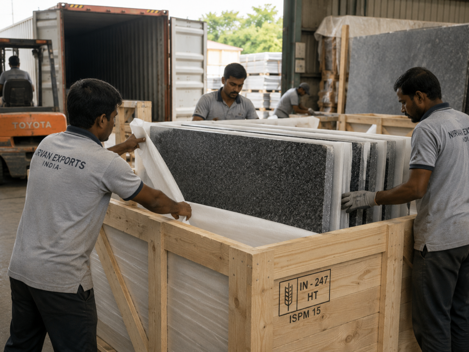 Wooden export crates being loaded with natural stone slabs at Nirvan Exports, Udaipur