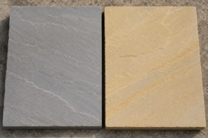 Kandla Grey vs Buff sandstone comparison — two most popular Indian natural stone paving colours from Nirvan Exports, Udaipur, Rajasthan