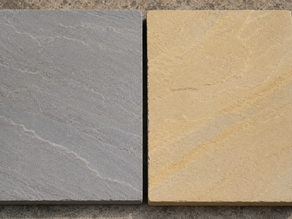 Kandla Grey vs Buff sandstone comparison — two most popular Indian natural stone paving colours from Nirvan Exports, Udaipur, Rajasthan