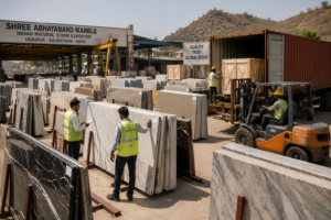 Natural stone slabs being packed for export at Nirvan Exports quarry in Udaipur, India