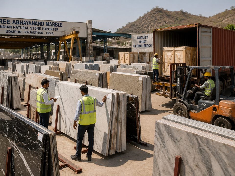Natural stone slabs being packed for export at Nirvan Exports quarry in Udaipur, India