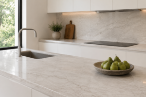 Ivory White quartzite countertop slab supplied by Nirvan Exports, India