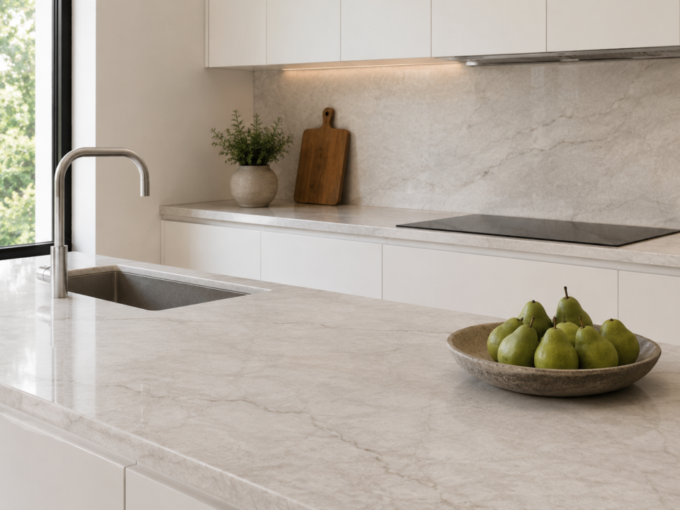 Ivory White quartzite countertop slab supplied by Nirvan Exports, India