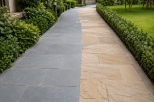 Kota limestone and sandstone paving slabs compared for landscaping use