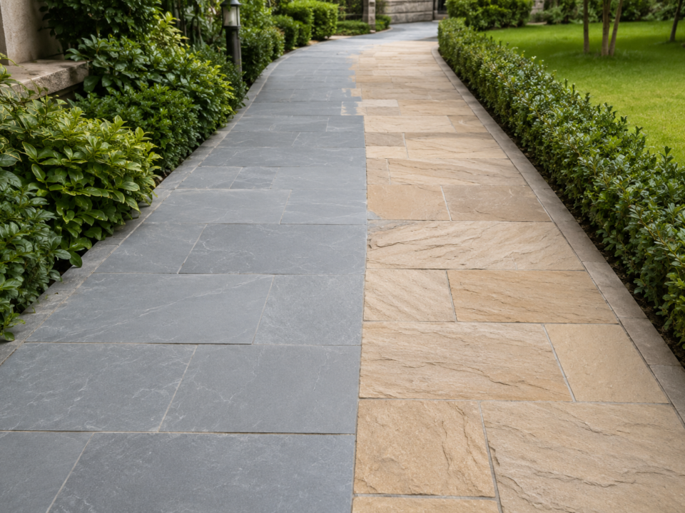 Kota limestone and sandstone paving slabs compared for landscaping use