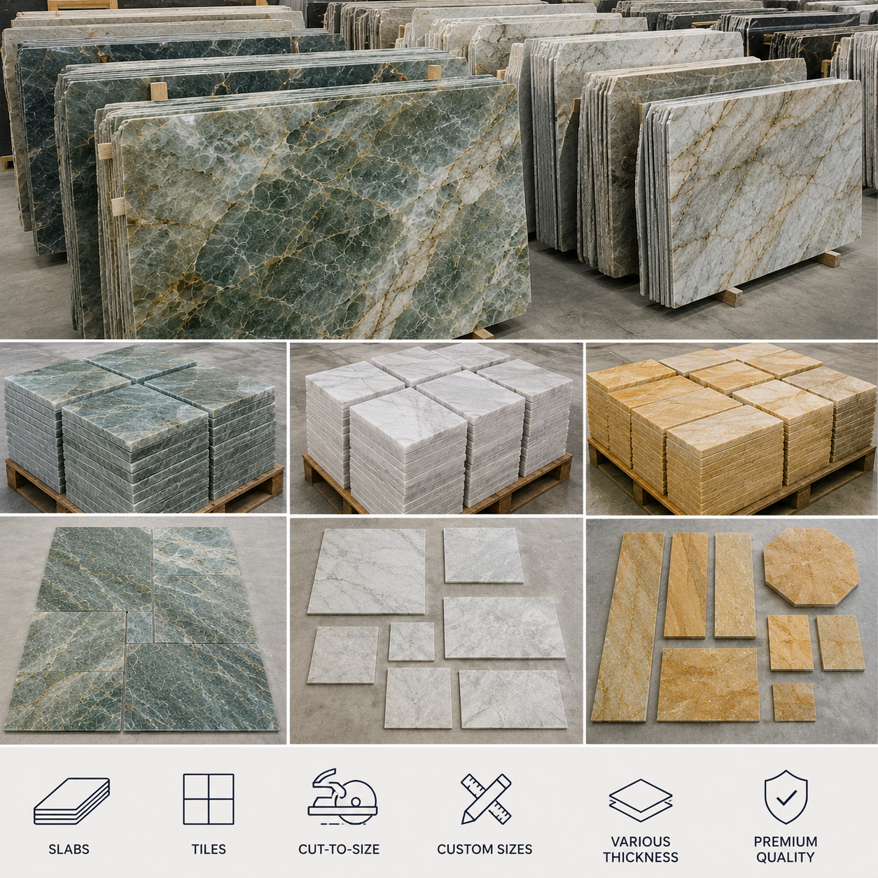 2-5 Slabs, Tiles & Custom Sizes stacked quartzite tiles and cut-to-size Image description