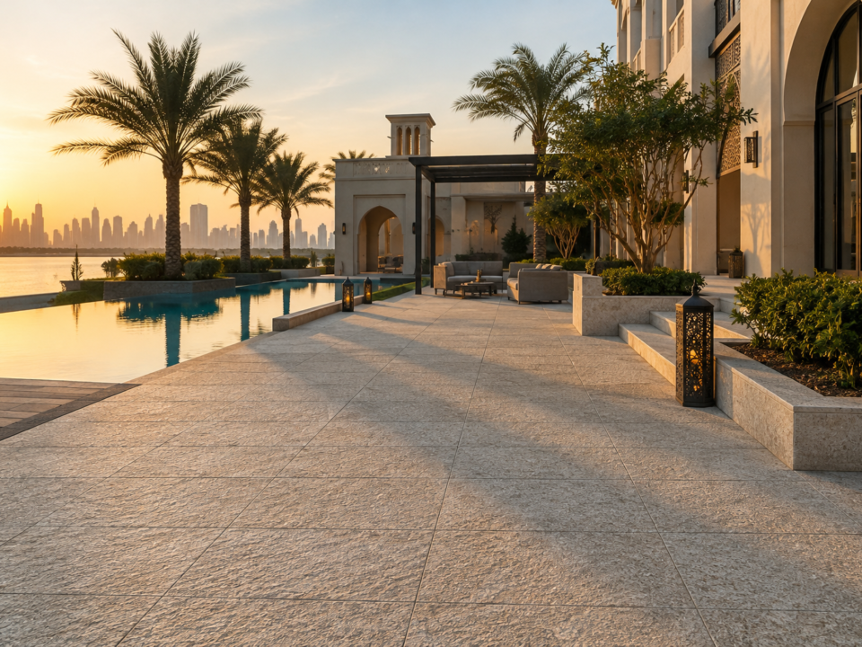 Light granite pool surround paving at a Dubai villa terrace